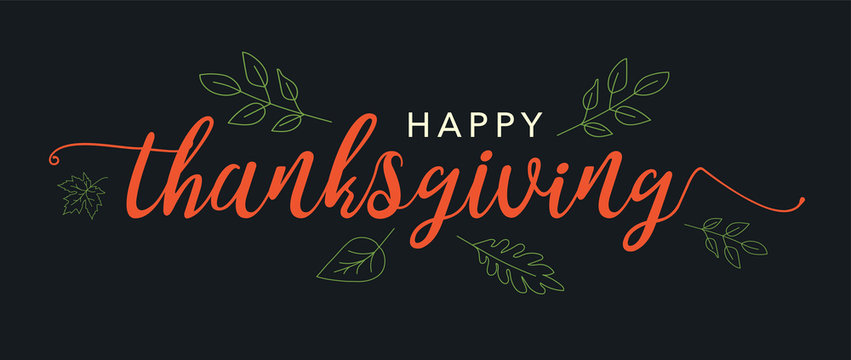 Happy Thanksgiving Calligraphy Text with Illustrated Leaves Over Dark Gray Background, Horizontal Vector