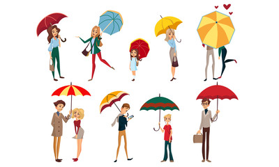 Different people with open umbrellas. Vector illustration.