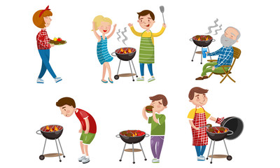 Men and women with a barbecue. Vector illustration.