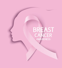 Breast cancer awareness month design template. Pink ribbon with woman silhouette. Vector illustration