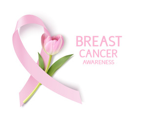 Breast cancer awareness month design template. Pink ribbon with tulip flower. Vector illustration