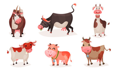 Set of cute cartoon cows. Vector illustration.
