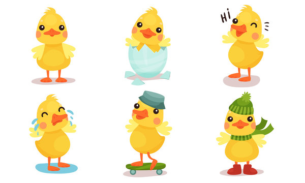 Little cute yellow humanized duckling. Vector illustration.