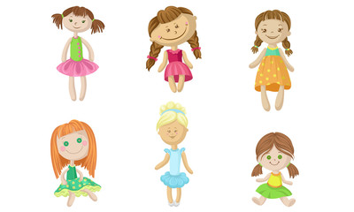Set of fabric dolls in dresses. Vector illustration.
