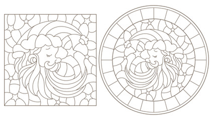 Set of contour illustrations of stained glass Windows with Santa Claus, dark outlines on a white background