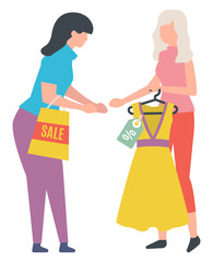 Woman with package sale, seller holding hanger with dress and discount sticker. People shopping, sale old collection, promotion or trade, retail. Vector illustration in flat cartoon style