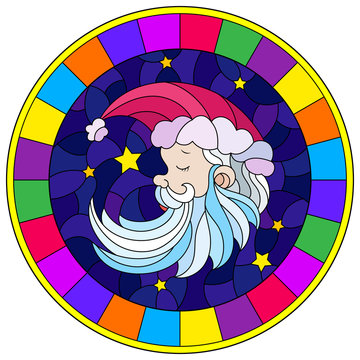 Illustration in stained glass style with a portrait of Santa Claus on the background of the night starry sky, round image in bright frame