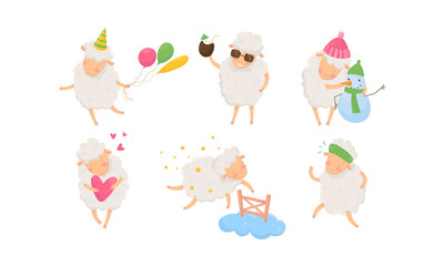 Funny Sheep Having Fun. Sheep Carrying Balloons Vector Illustration