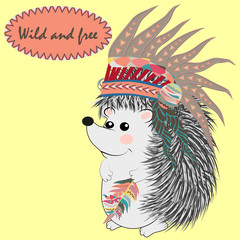 collection of cute and funny Indian animals. A stylized illustration of an Indian hedgehog with feathers