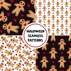 Set of seamless patterns with voodoo dolls. Halloween backgrounds for greeting card, gift box, wallpaper, fabric, web design.