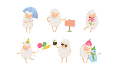 Funny Sheep Having Fun. Sheep Carrying Balloons Vector Illustration
