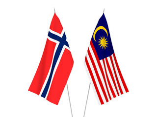 National fabric flags of Norway and Malaysia isolated on white background. 3d rendering illustration.