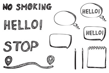 Set of doodles with text in sketch style. Hand drawn vector illustrations isolated on white background.