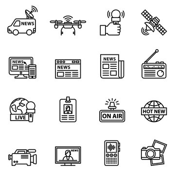 Journalism & Media news icon set with white background. Thin line style stock vector.