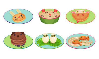 Funny Animal Shaped Dishes With Eyes Vector Isolated Collection