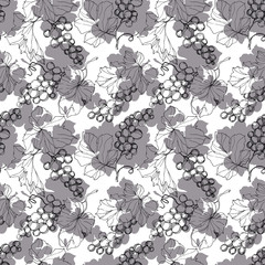 Vector Grape berry healthy food. Black and white engraved ink art. Seamless background pattern.
