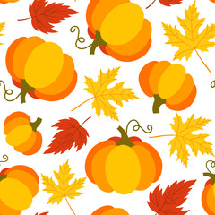 Seamless pattern of pumpkins and leaves.