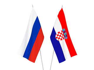 National fabric flags of Russia and Croatia isolated on white background. 3d rendering illustration.