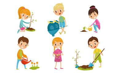 Teenagers At Work Of Garden Planting With Trees And Flowers Vector Illustrations Set