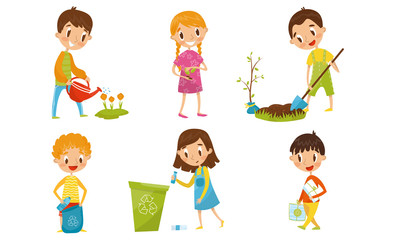 Teenagers At Volunteers Works Of Planting And Cleaning The Planet Vector Illustrations Set
