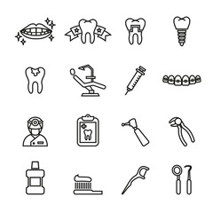dental care icon set with white background. Thin line style stock.