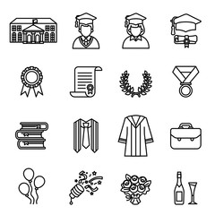 Graduation day. College & University education icon set with white background. Thin Line Style stock vector. - obrazy, fototapety, plakaty