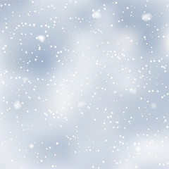 Christmas background with falling snowflakes on blue sky. Vector