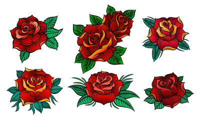 Six Beautiful Roses In Old Tattoo Style Vector Illustrations Set