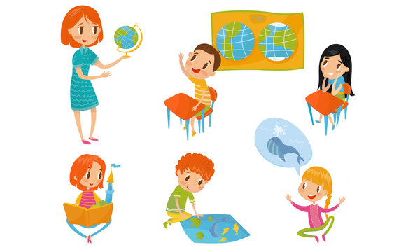Scenes Of School Life With Children And Teacher Vector Illustration Set