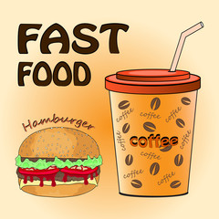 fast food poster with hamburger and coffee. vector illustration.