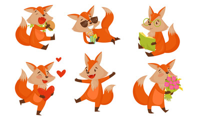 Funny Cute chanterelle Animal Cartoon Character Vector Isolated Set