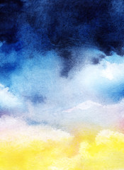 Abstract watercolor background. Sunset sky with cumulus clouds. Soft gradient from blue to yellow. Ombre. Thunderstorm clouds. Hand-drawn illustration on texture paper.