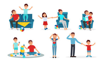 Parenting Lifestyle Vector Illustrations. Frustrated Parents Playing With Their Kid