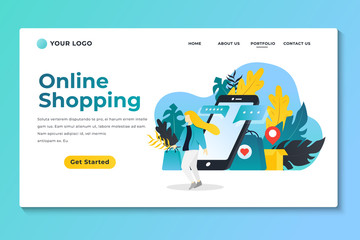 Obraz na płótnie Canvas Modern flat design concept of Online Shopping for website and mobile website development. Landing page template. E-commerce market, shopping payment or customer support. Vector illustration.