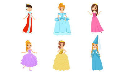 Beautiful Pretty Princess Carrying Crown Vector Illustrations Set