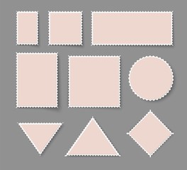 Blank post stamp. Perforated postage sticker set. Different postal stamps for letter. Old srquare rectangle circle triangle poststamp mark set.