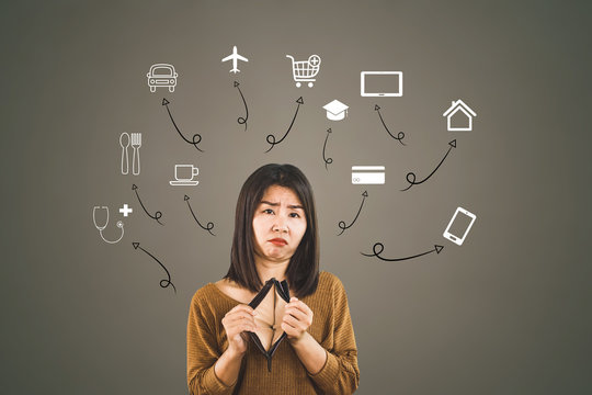 poor Asian woman hand holding empty wallet spent all money for debt 