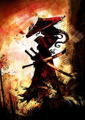 a female samurai with demonic horns in a pointed hat, and three swords against the orange sunset. 2d illustration . © warmtail