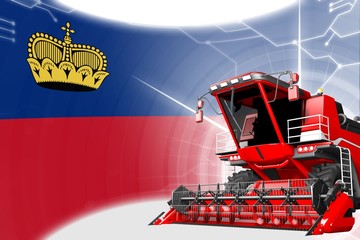 Digital industrial 3D illustration of red advanced grain combine harvester on Liechtenstein flag - agriculture equipment innovation concept
