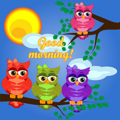 Cute coquettish owls with coffee sits on a tree decorated with garlands, balloons, postcard, cartoon children's style, spring. Inscription Good morning...