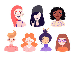 Set of cute cartoon girl portraits isolated on white. Different woman looks - nerd, gothic girl, redhead with freckles, japanesse, African American cute avatar illustrations