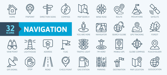 Fototapeta na wymiar Navigation, location, GPS elements - thin line web icon set. Outline icons collection. Simple vector illustration.