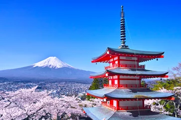Fotobehang Vijf verdiepingen tellende pagode en Mount Fuji in Arakurayama Sengen Park waar kersenbloesems bloeien in de lente © 7maru