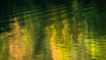 An abstract impressionist painting style of fall colors reflection off water.