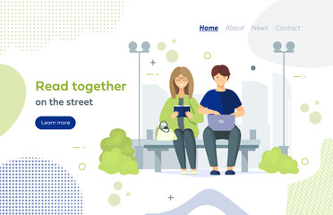 People read together on the street. Couple young man, woman sitting on the bench at park read using book digital gadget notebook. Education, growth knowledge, joint leisure cartoon vector illustration