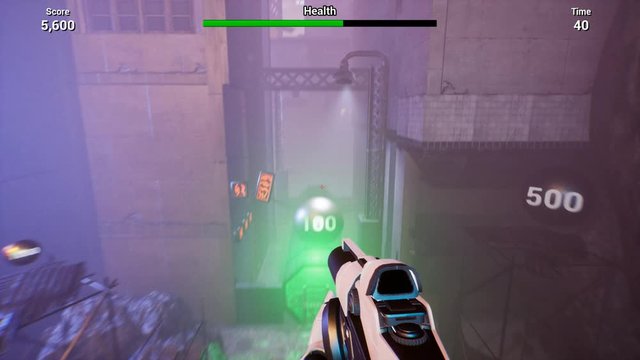 First person shooter video game imitation. Walkthrough and shooting with weapon in abandoned area with glowing elements. Score, health, time indicators are in top of computer screen