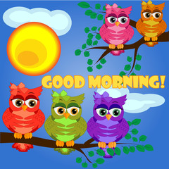 Cute coquettish owls with coffee sits on a tree decorated with garlands, balloons, postcard, cartoon children's style, spring. Inscription Good morning...