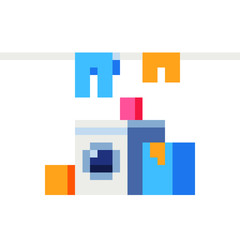 Laundry pixel art vector illustration,  washing machine and laundry baskets, design for logo, web, sticker, mobile app. Game assets 8-bit sprite.