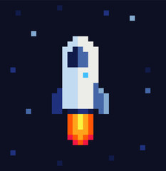Starship in space pixel art vector illustration, spaceship, design for logo, sticker, mobile app. Game assets 8-bit sprite.