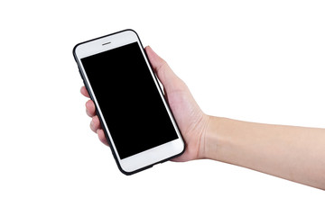 Hand holding Mobile smart phone or Cellphone on white background isolate object internet technology communication clipping path